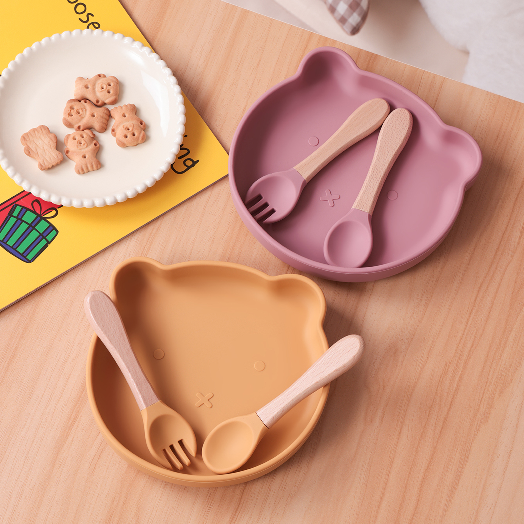 Self Feed Spoon - カラーキッズ 3点セット 漫画クマ シリコン製食器セット 吸盤付きボウル 木製ハンドル