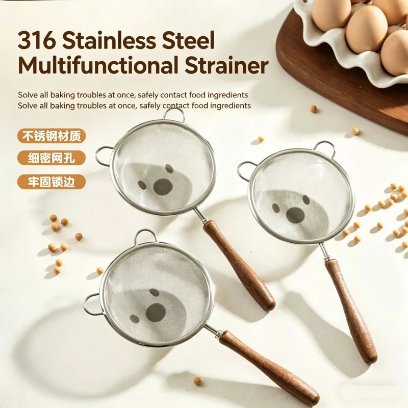 Baby Food Filter - ファインフィルターストレーナー、新しい304木製ハンドル、ベビー用補助食ストレーナー、超微細ジュース豆乳フィルター残渣スプーン