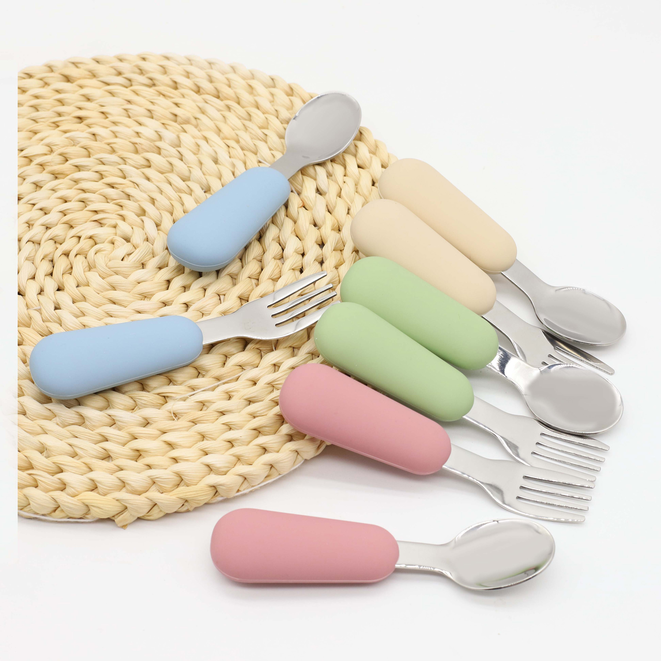 Baby Food Utensil - シリコーンステンレス鋼スプーンフォーク食品グレード 304 ステンレス鋼握りやすいシリコーンハンドル離乳食給餌スプーンフォーク