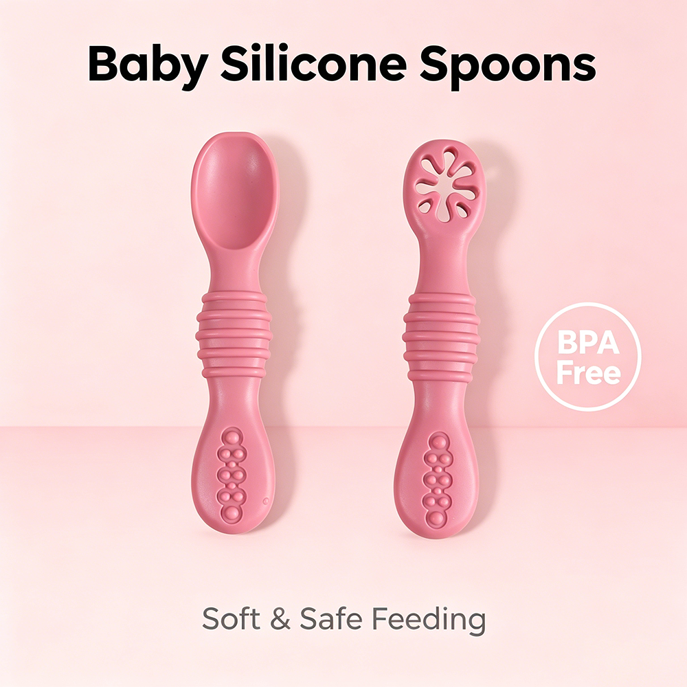 Self Feed Spoon - 2個入りシリコン製ベビー用スプーンセット - ソフトな初期段階用マッシュスプーン＆ベビー主導離乳用セルフフィーディング歯固めスプーン