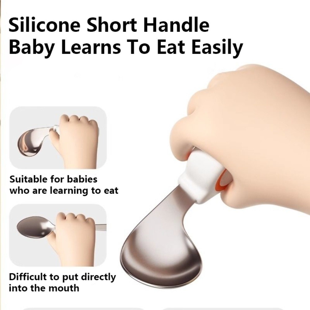 Self Feed Spoon - シリコンベビーフォークとスプーンセット、収納ボックス付き、自己給餌用、ベビーカトラリー、316ステンレス鋼、短いハンドル、子供用食器