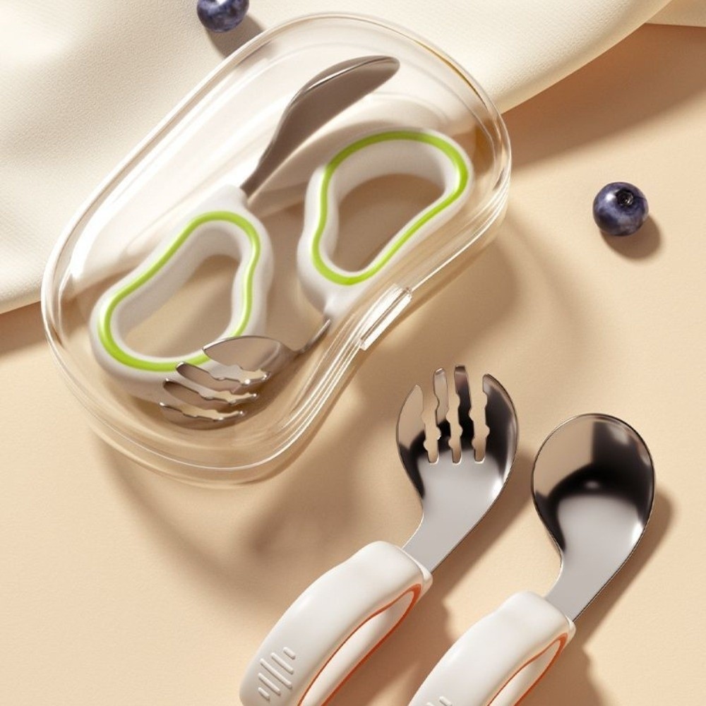 Self Feed Spoon - シリコンベビーフォークとスプーンセット 316 ステンレス鋼セルフフィーディングベビーカトラリー安全な収納ボックス付き子供用食器