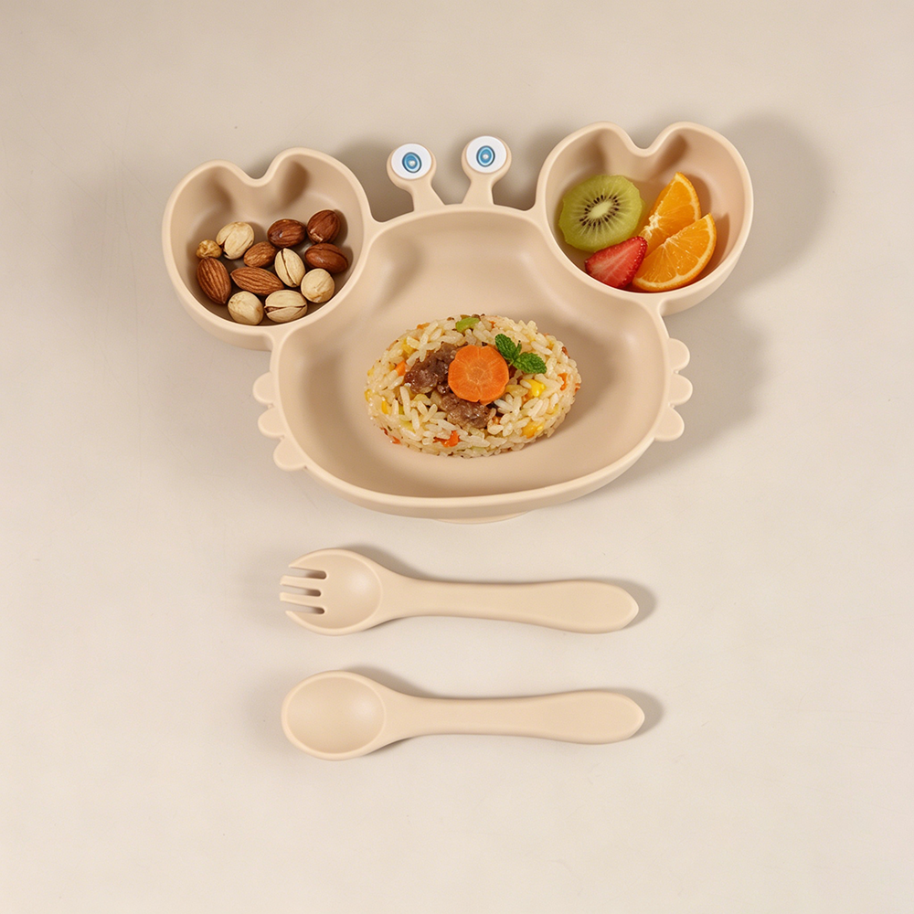 Baby Food Chart - かわいいカニ型シリコンベビー食器 強力吸盤付き - BPAフリー仕切り付きボウルセット フォーク＆スプーン付き 幼児用