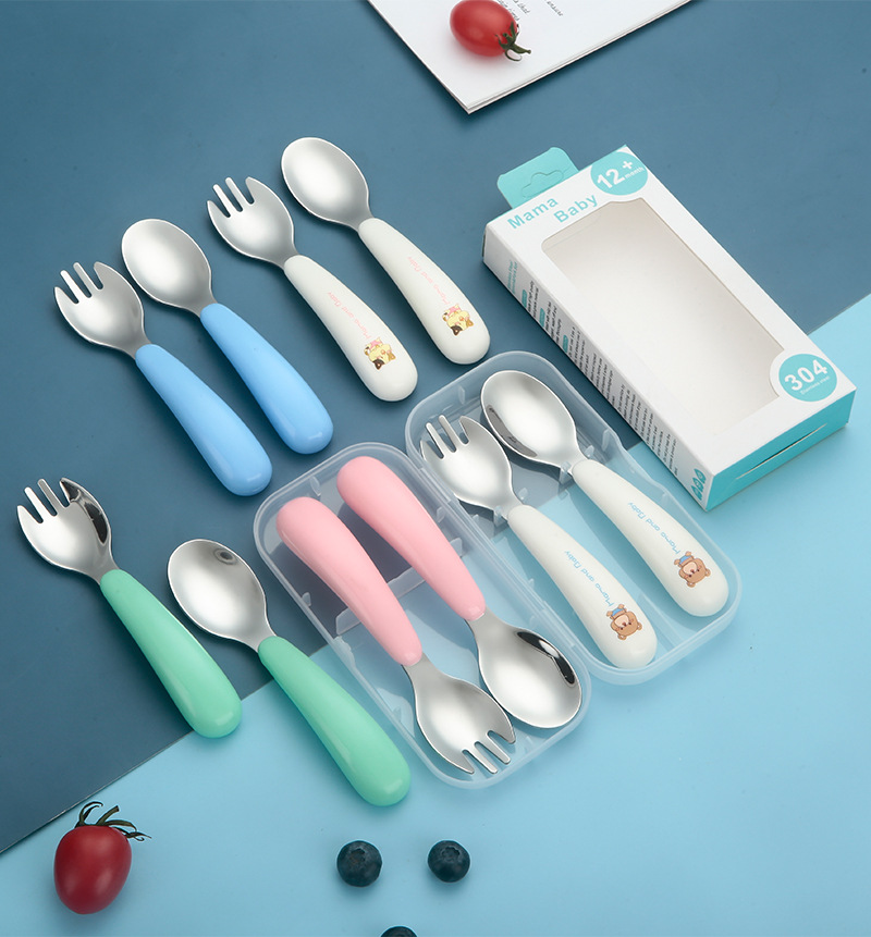 Baby Food Utensil - 304 ステンレス鋼のスプーン、フォーク、箸、ポータブルケース、幼稚園児の自己給餌練習、お手入れ簡単