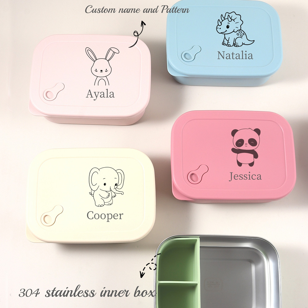 Baby Food Bowl - 1200ml 1個入り カスタム名＆柄入りシリコン製子供用ランチボックス、3つのコンパートメント付き弁当箱、BPAフリー、漏れ防止ステンレス製学校用