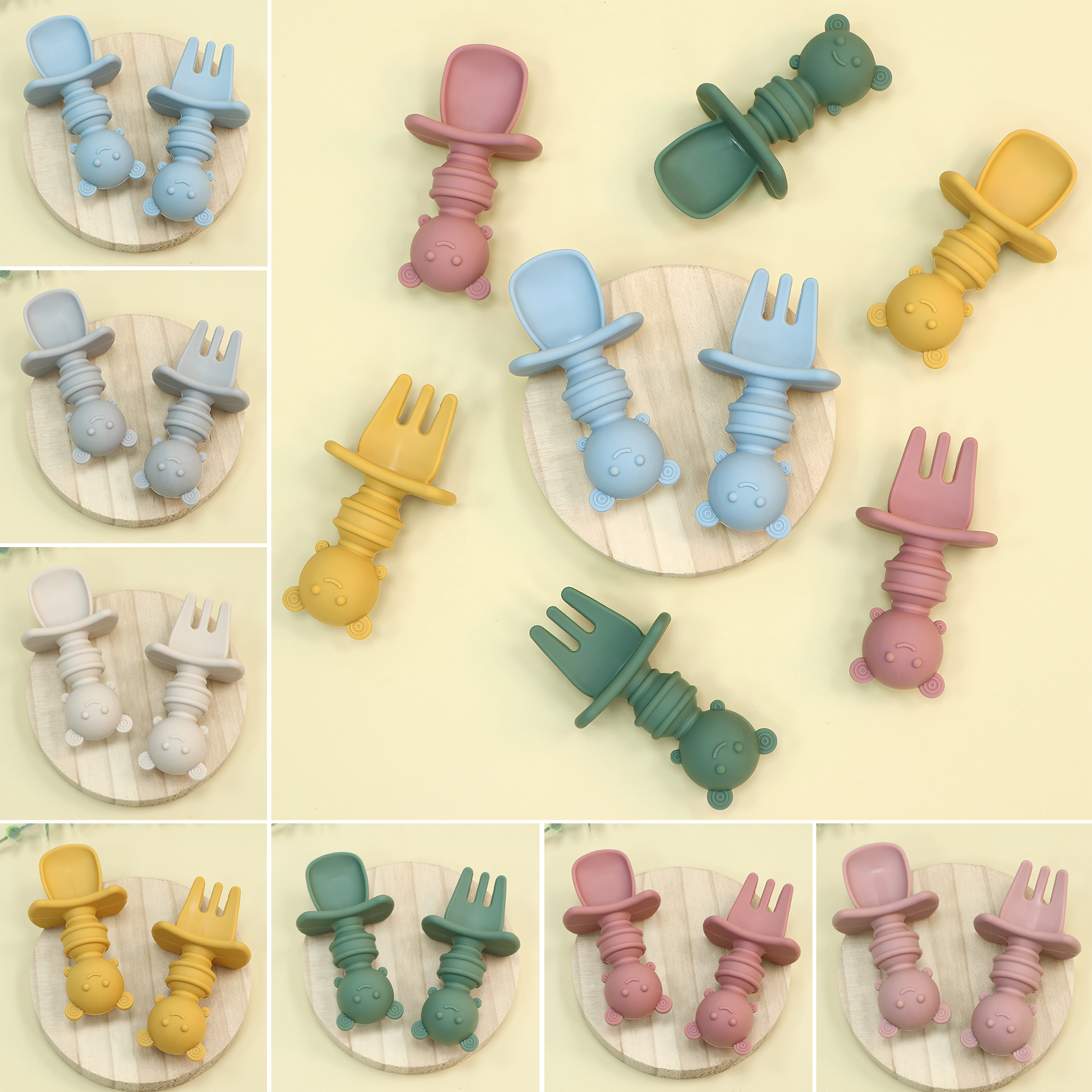 Self Feed Spoon - 窒息防止機能付き2ピースセルフフィーディングスプーン - シリコンベビーフォークスプーン、ステージ1ベビースプーン、BPAフリー、食器洗い機対応