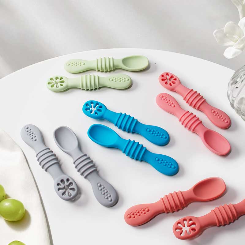 Self Feed Spoon - 2 個ベビーシリコーン粘着スプーン学習自己給餌ソリッドカラースプーンソフトシリコーン給餌スプーン安全な穴付きお粥