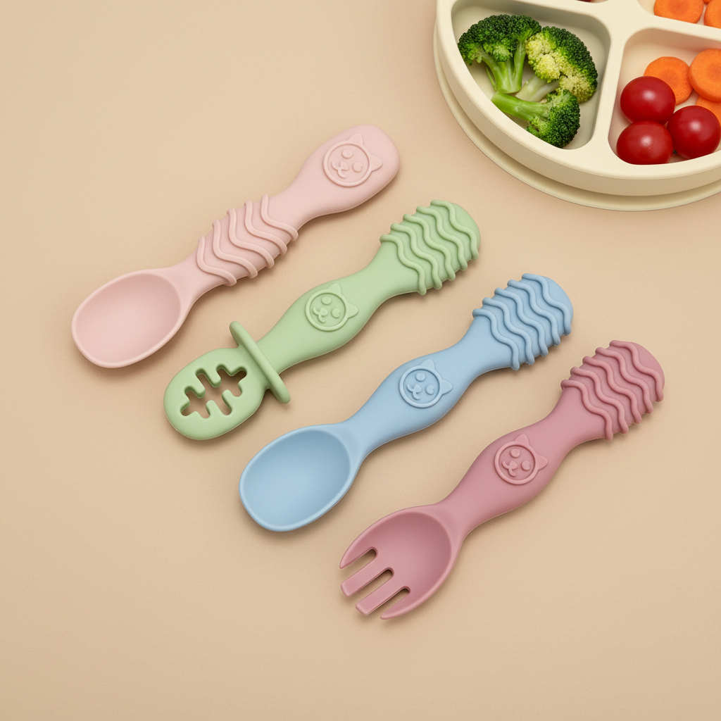 ベビースプーン＆フォークセット4個、耐久性がありお手入れが簡 - Self Feed Spoon のレビューと価格
