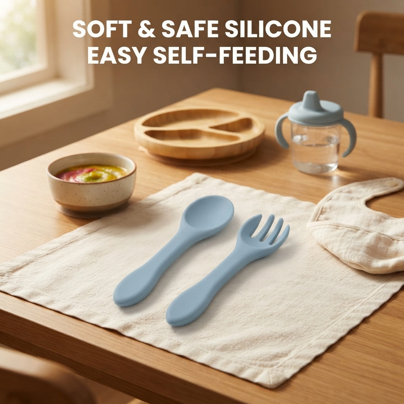 2 個のシリコンベビーフォークスプーンセット BPA フリー - Baby Food Utensil のレビューと価格