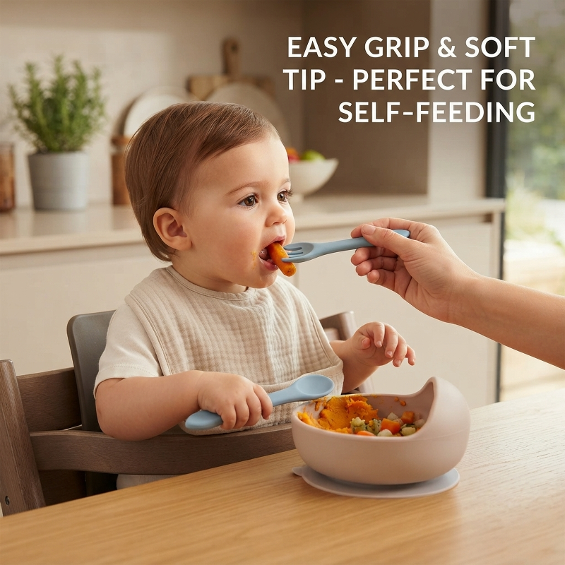 2 個のシリコンベビーフォークスプーンセット BPA フリー - Baby Food Utensil のレビューと価格